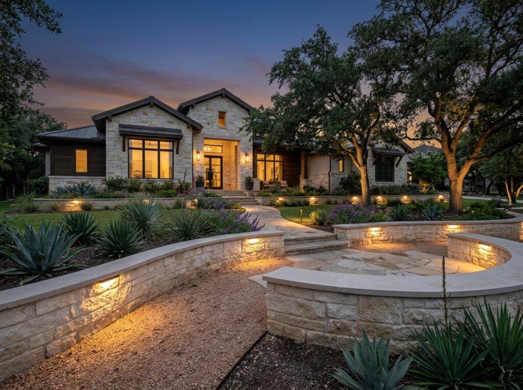 Wall Cap Hardscape Light landscape lighting installed under stone wall cap, casting warm downward wash.