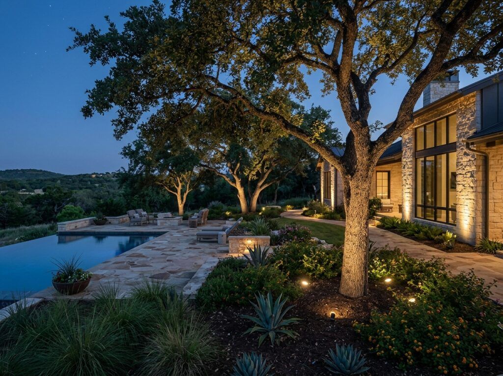 Well Light in-ground landscape lighting fixture set in pavers, casting an uplight beam onto a tree trunk.