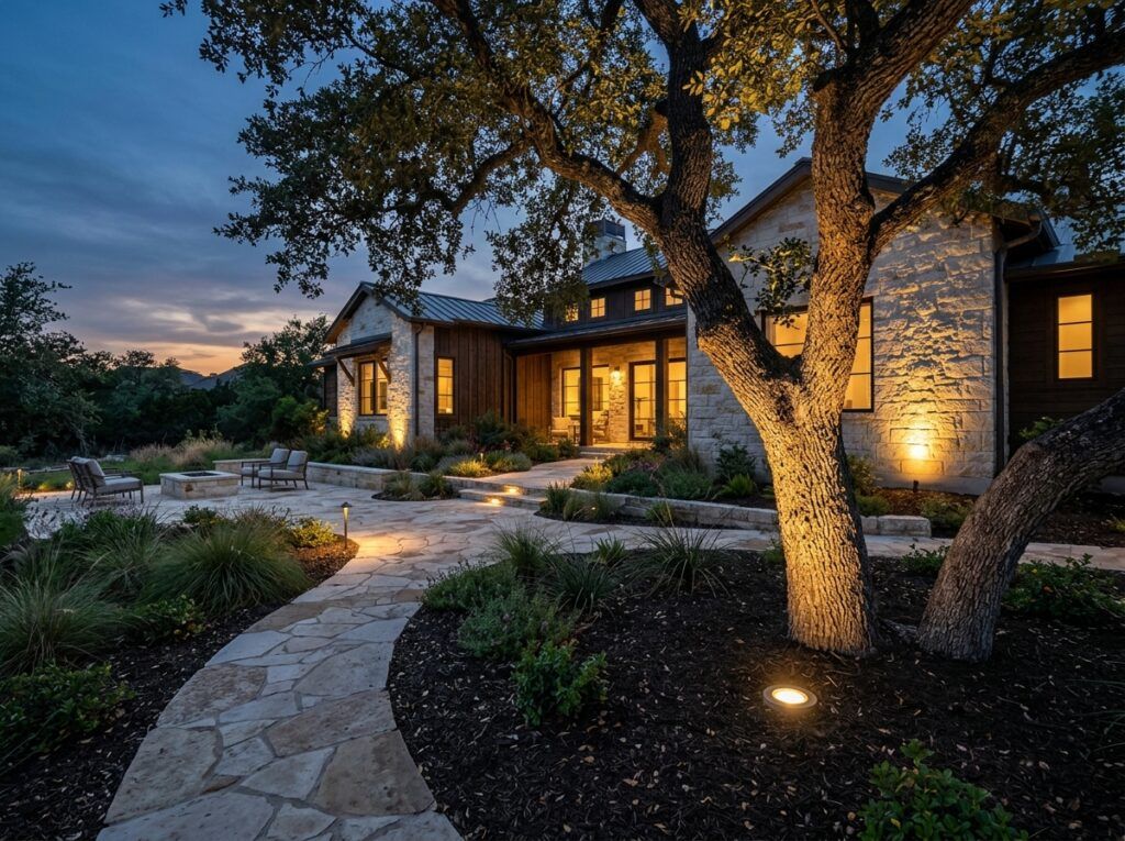 Well Light in-ground landscape lighting uplight set in mulch, shining up a tree with warm beam.
