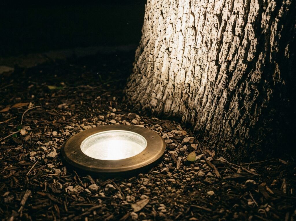 Well Light in-ground landscape lighting fixture with black trim casting an upward beam beside a walkway.