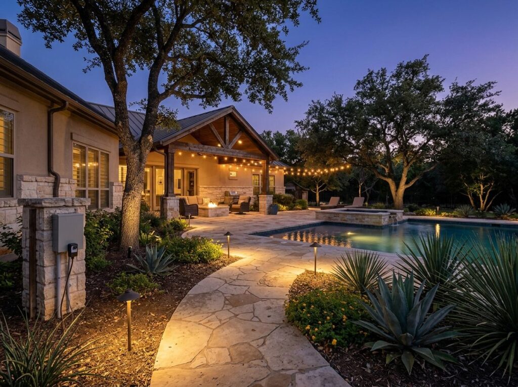 Photocell Timer Plug controlling landscape lighting, plugged into outdoor outlet with cord and dusk-to-dawn sensor.