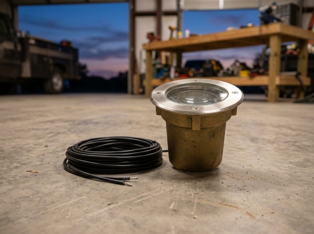 Well Light landscape lighting fixture set into the ground, casting an upward beam with a black trim ring.