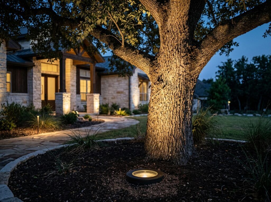 Well Light landscape lighting set flush in the ground with round black trim, casting an upward beam onto a wall.