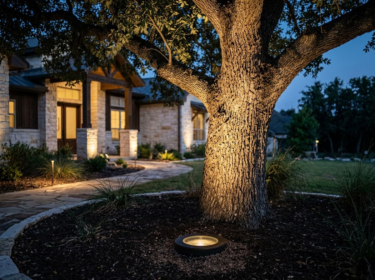 Well Light landscape lighting set flush in the ground with round black trim, casting an upward beam onto a wall.