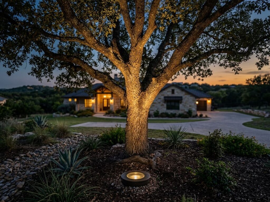 Well Light landscape lighting in-ground fixture with stainless trim casting an upward beam beside a walkway.