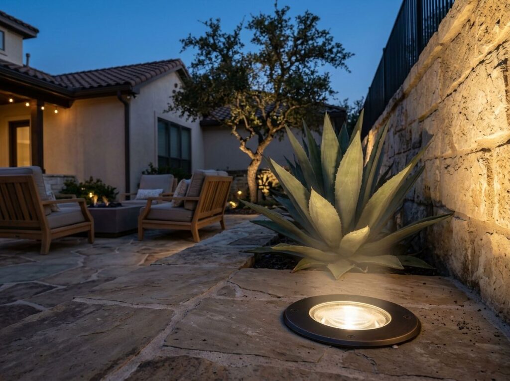 Well Light landscape lighting in-ground fixture with stainless trim, shining upward from a garden bed.