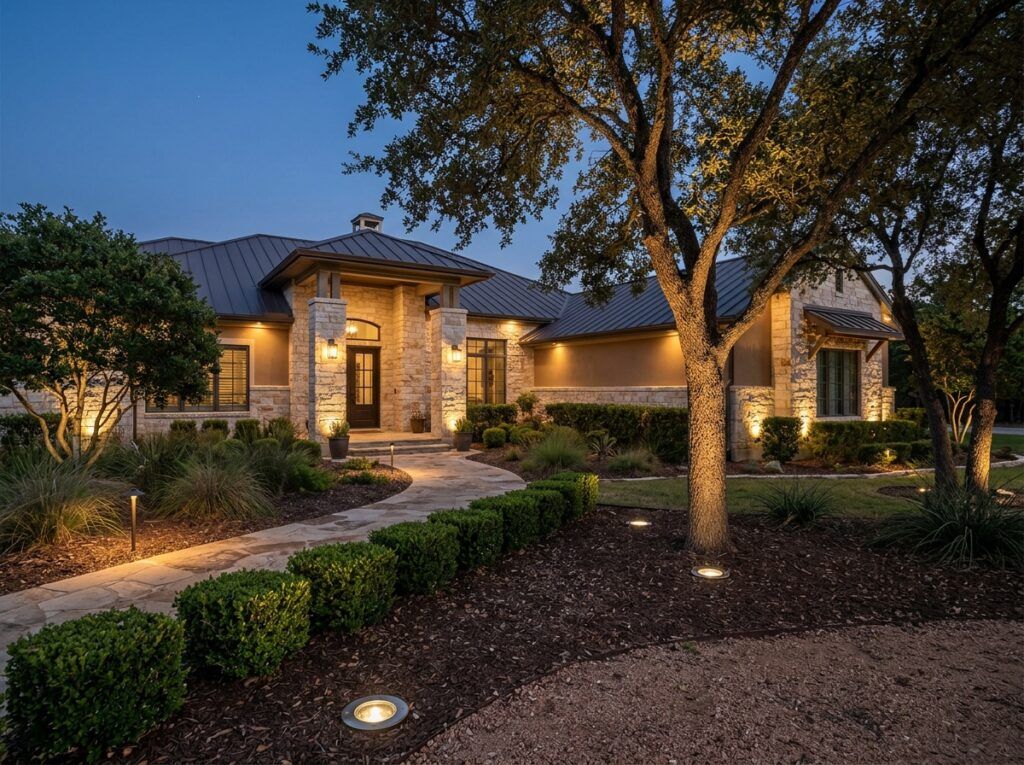 Well Light landscape lighting set flush in the ground, casting a warm uplight on a tree trunk.