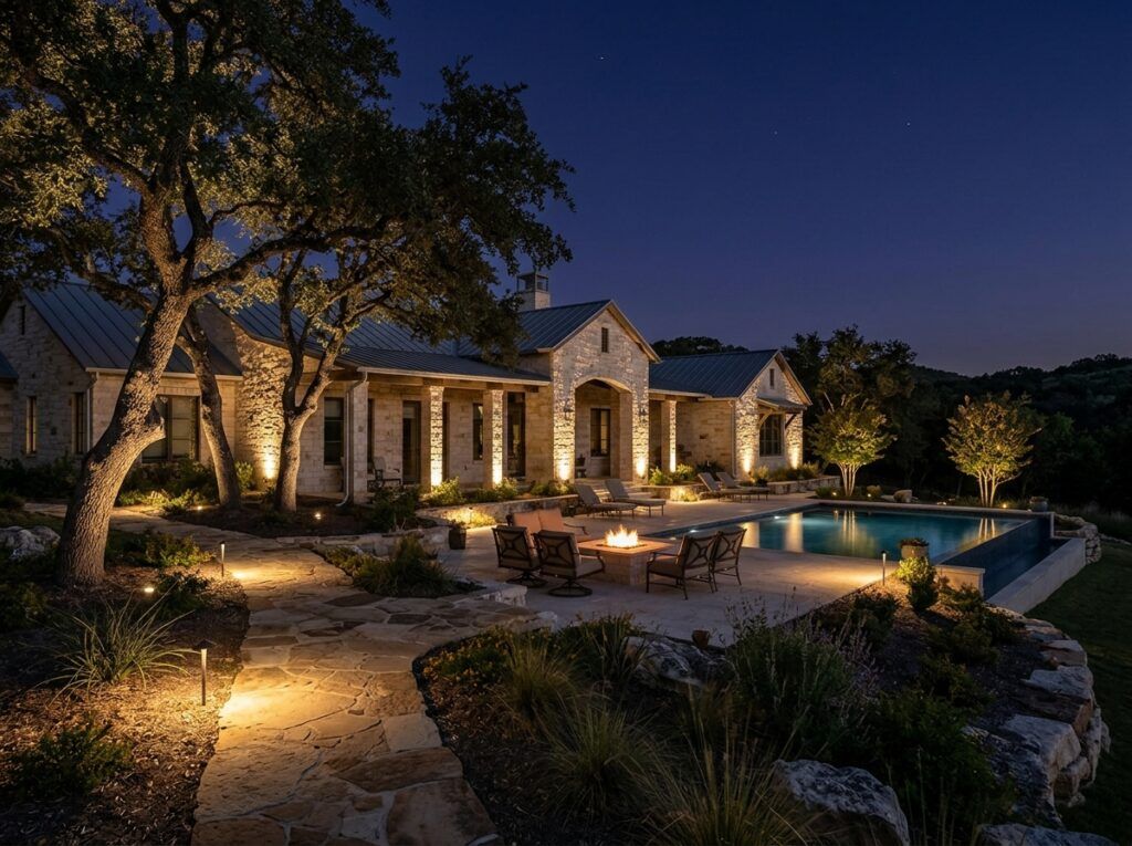 Well Light landscape lighting well fixture set in ground casting upward beam on tree trunk.
