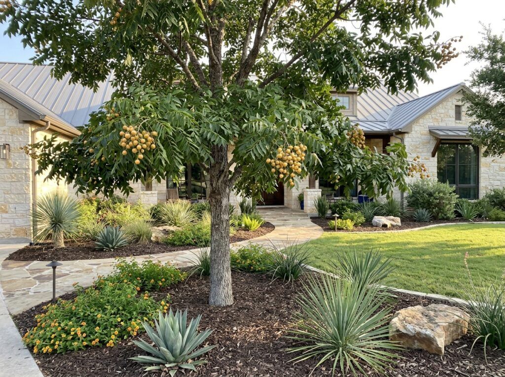 Western Soapberry tree in a black nursery pot with dense green foliage.
