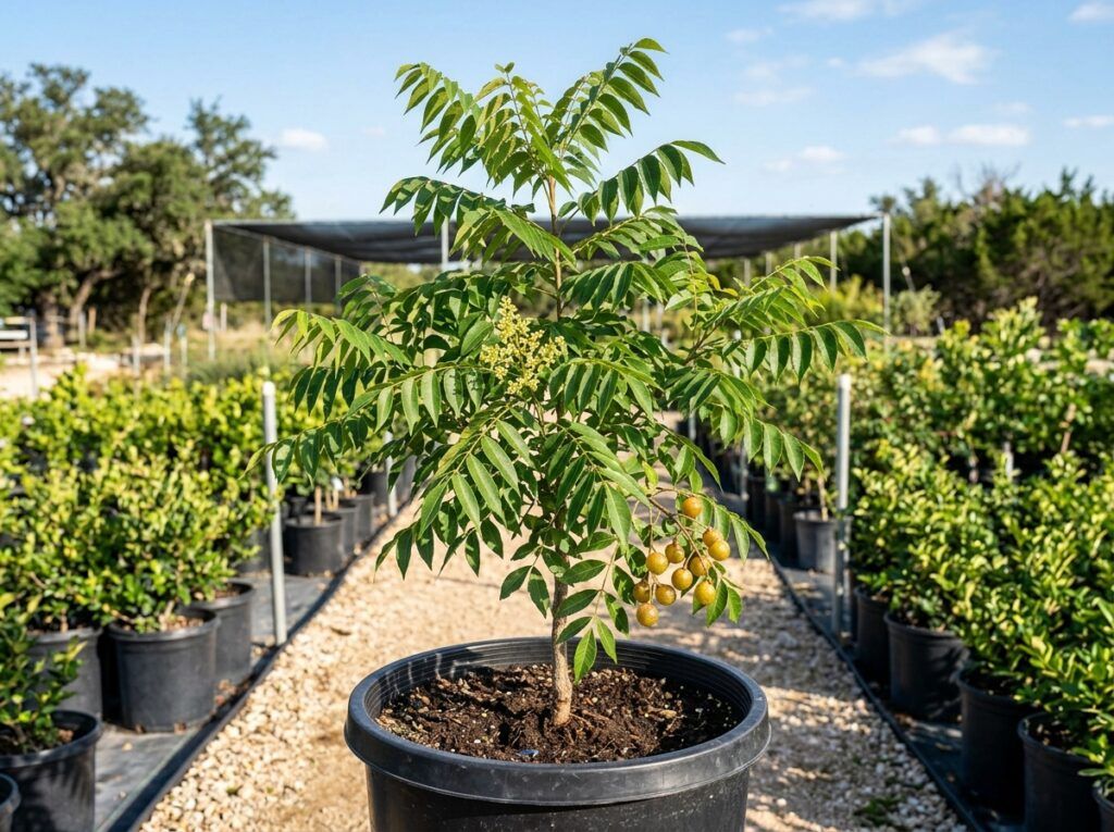Western Soapberry tree with glossy green foliage growing in a nursery container.