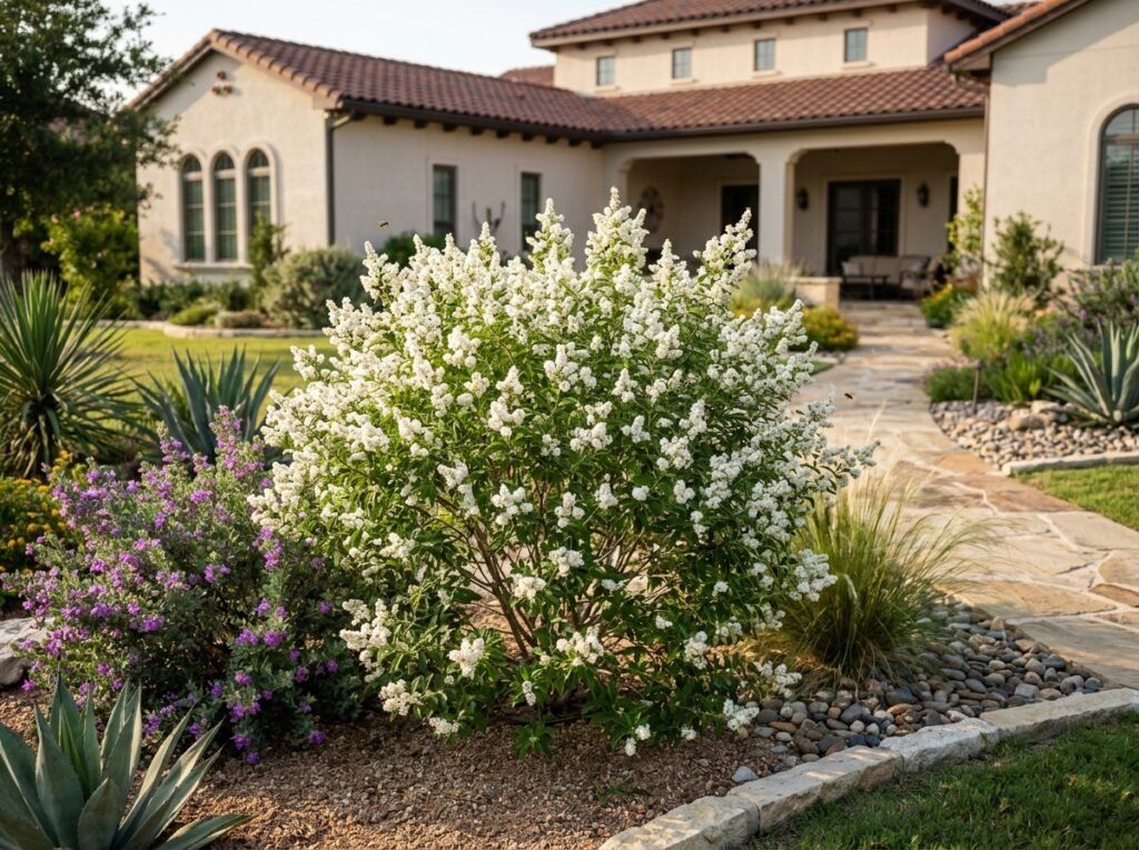 White Brush shrub with airy green foliage and clusters of small white flowers in a landscaped planting bed.