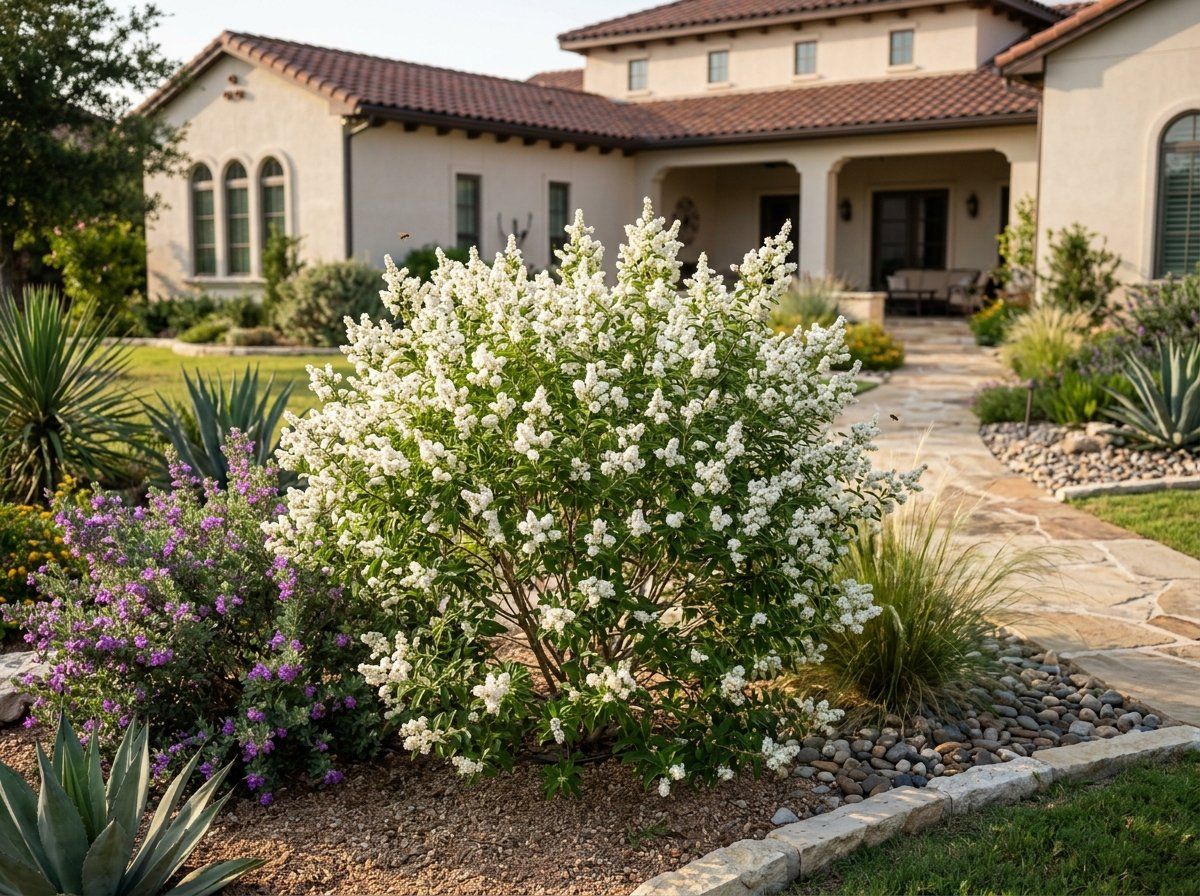 White Brush shrub with airy green foliage and clusters of small white flowers in a landscaped planting bed.