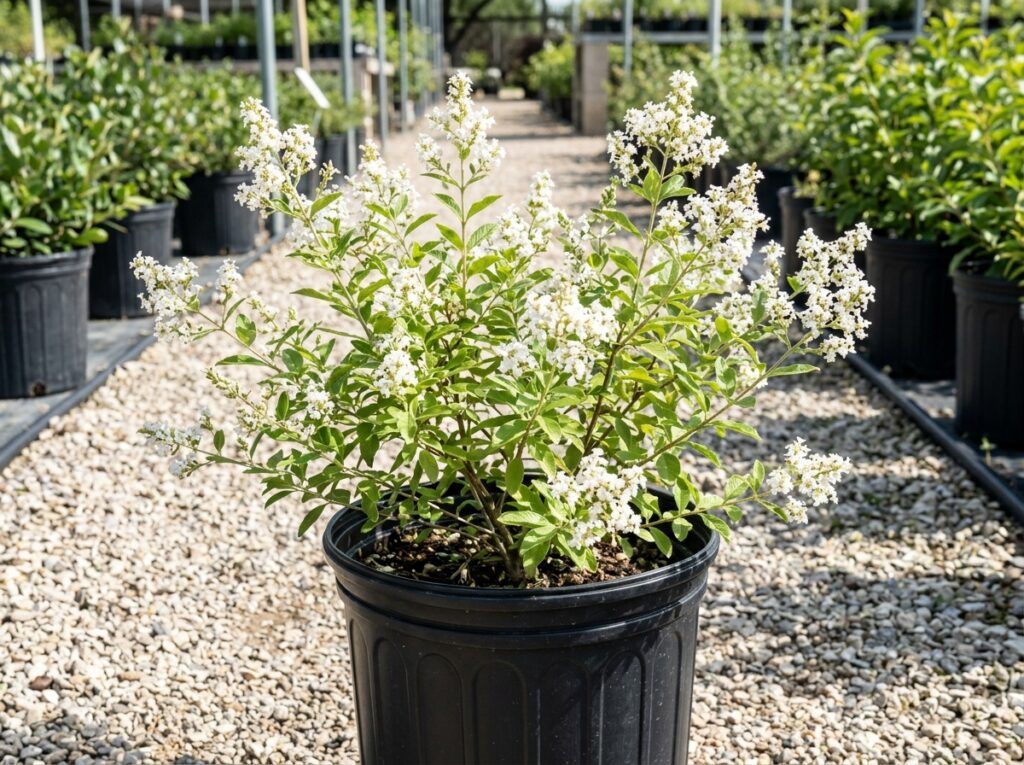White Brush shrub with airy green foliage and clusters of small white flowers in a nursery container.