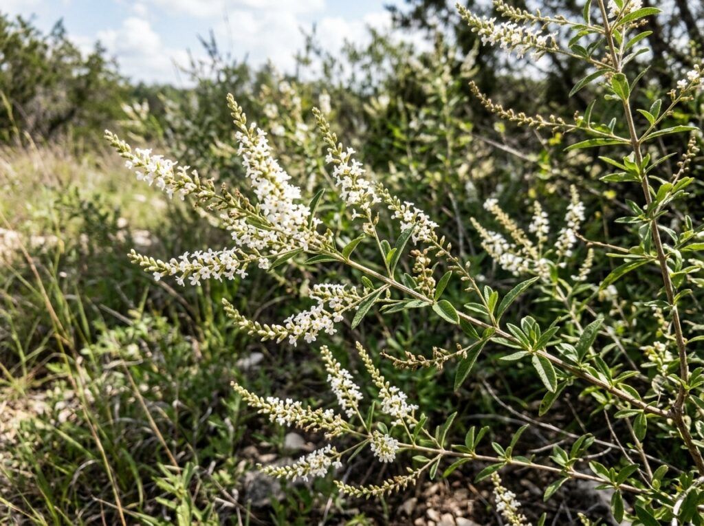 White Brush shrub in a black nursery pot, showing dense green foliage and upright branching stems