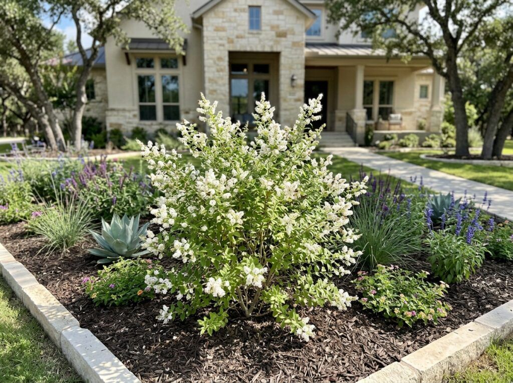 White Brush shrub with dense green foliage in a black nursery pot.