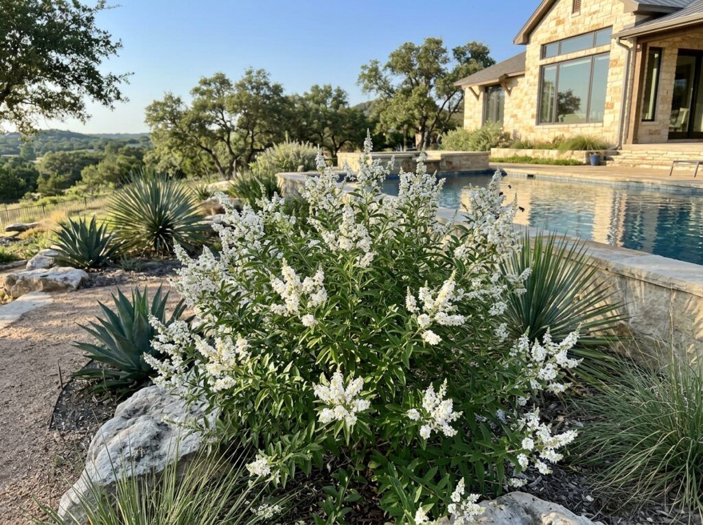 White Brush shrub in a nursery pot with dense green foliage and pale stems.