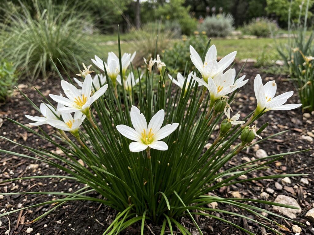 White Rain Lily perennial with white star-shaped blooms and narrow green leaves in a pot.