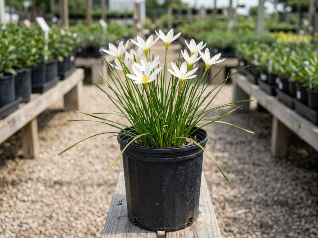 White Rain Lily perennial with white star-shaped blooms and slender green leaves in a black nursery pot.