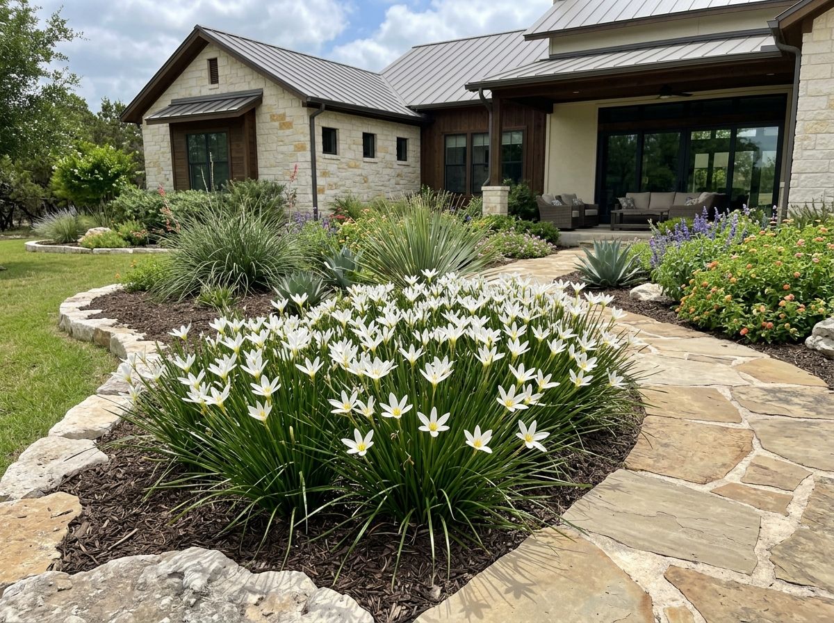 White Rain Lily perennial with white star-shaped blooms rising above clumps of narrow green leaves.