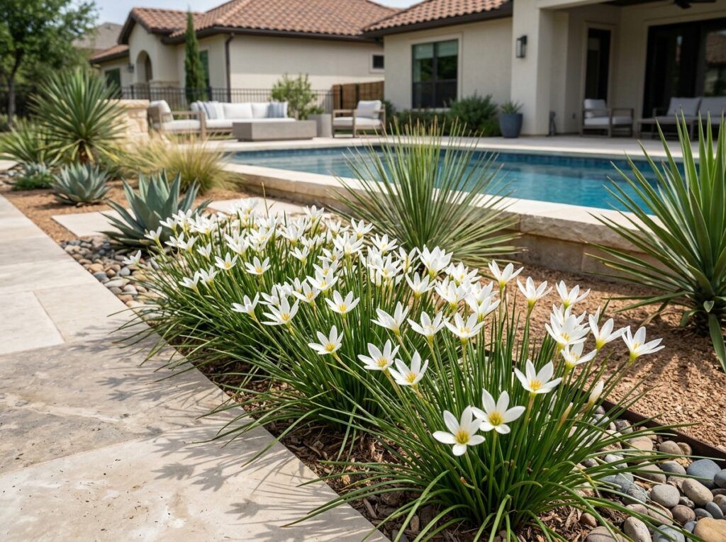 White Rain Lily with white star-shaped blooms and slender green leaves growing in a small container.