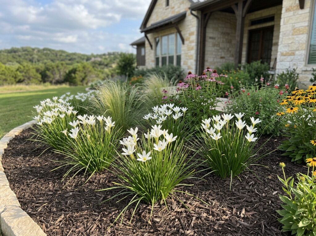 White Rain Lily with white star-shaped blooms and narrow green leaves in a garden bed.