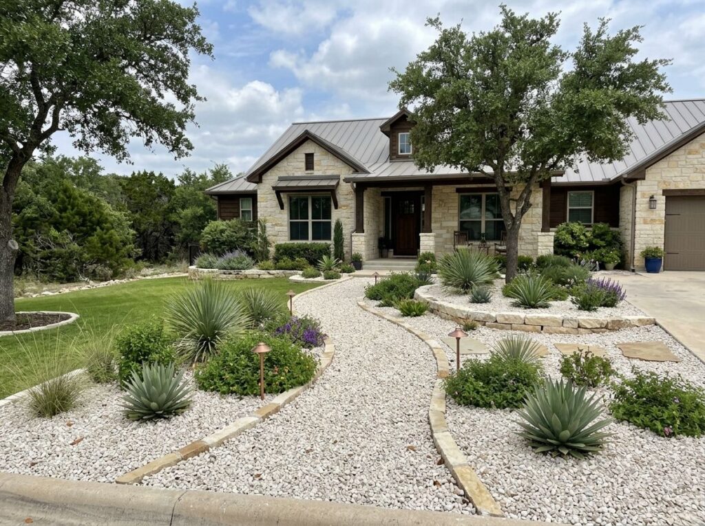 White Pea Gravel ground cover spread in a smooth layer of small, rounded white stones across a landscape bed.
