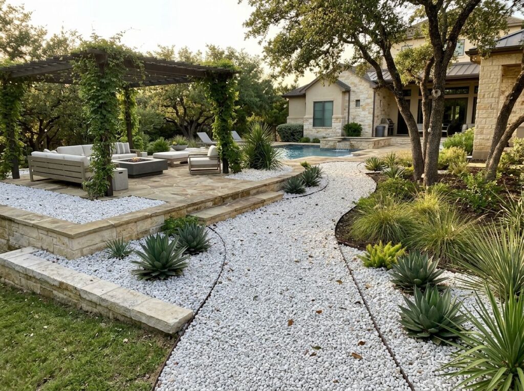 White Pea Gravel ground cover spread in a landscape bed, smooth white pebbles forming a bright, clean surface.