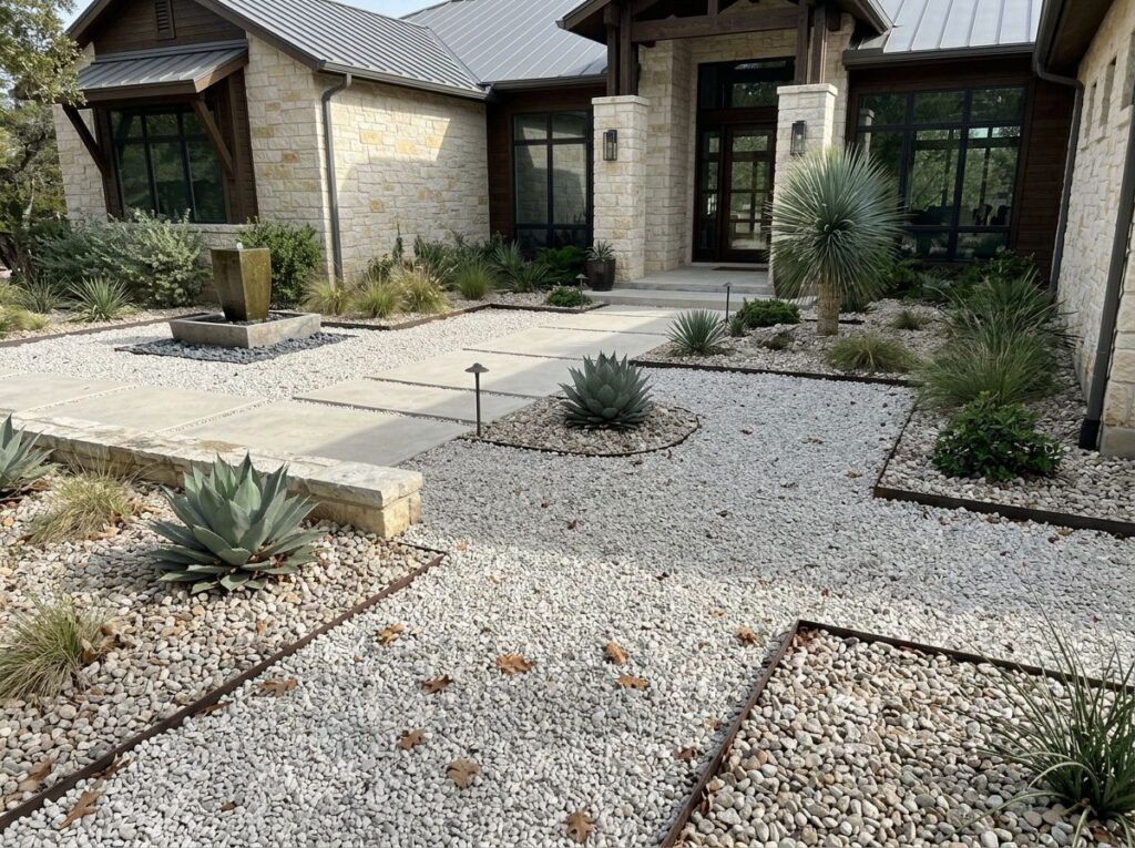 White Pea Gravel ground cover spread evenly in a landscape bed, small smooth white stones.