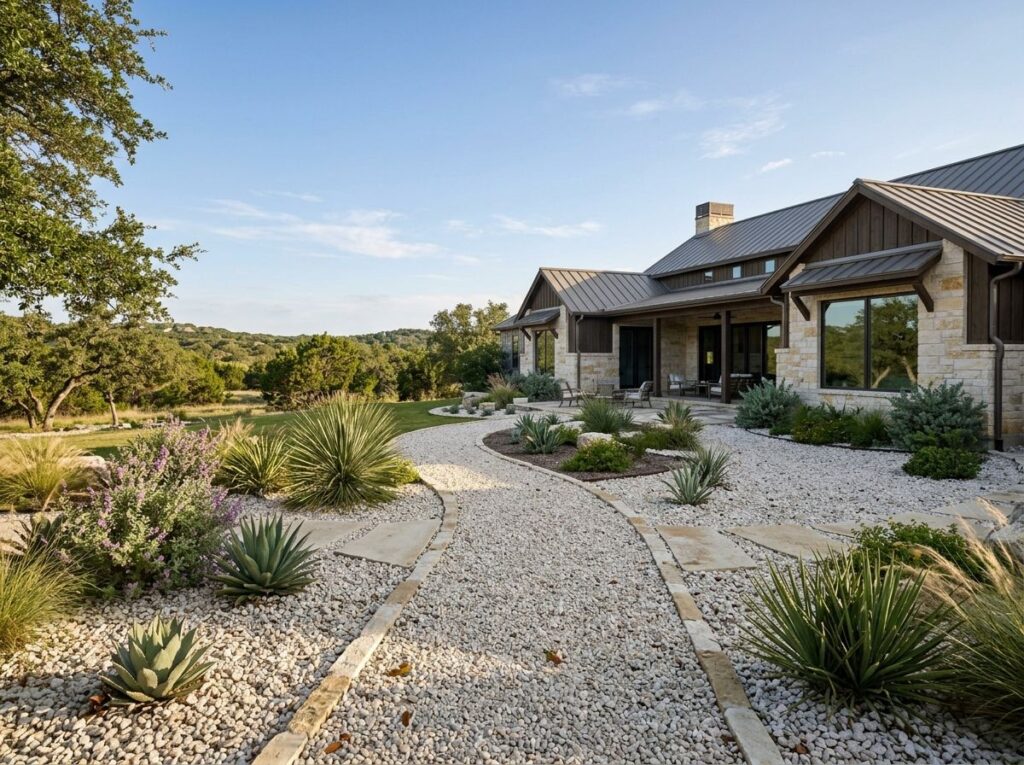 White Pea Gravel ground cover spread in a landscape bed, small smooth white stones covering the soil.