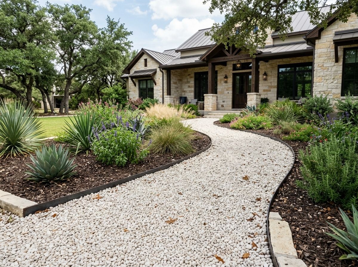 White Pea Gravel ground cover spread as small white stones in a landscaped bed beside pavers.