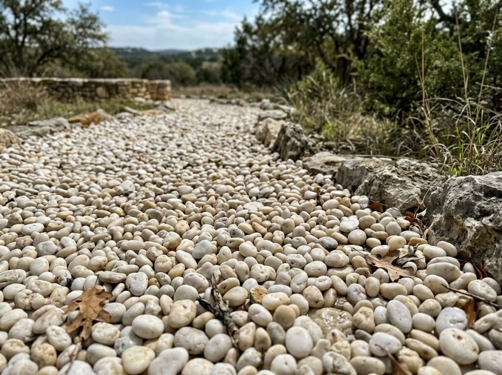 White Pea Gravel ground cover spread in a smooth layer of small white stones for landscaping.
