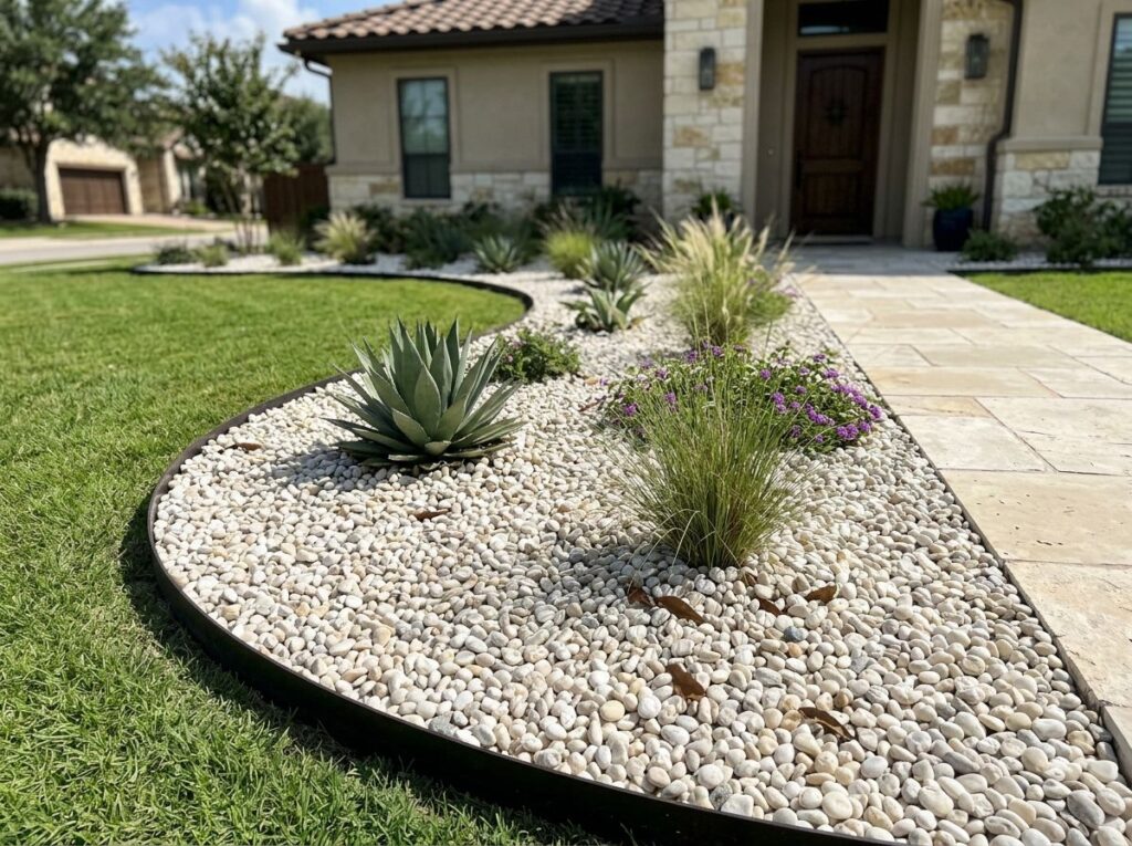 White Pea Gravel ground cover with small rounded white stones spread evenly for landscaping beds.
