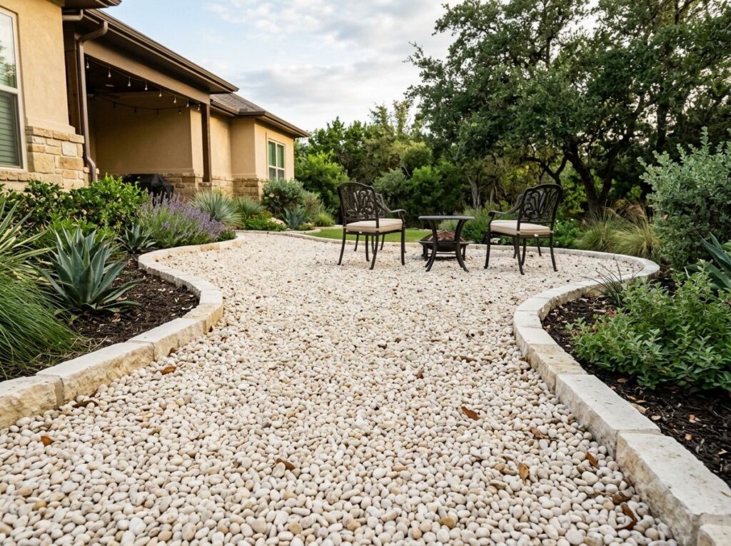 White Pea Gravel ground cover spread in a bright white, rounded stone layer for landscaping beds.