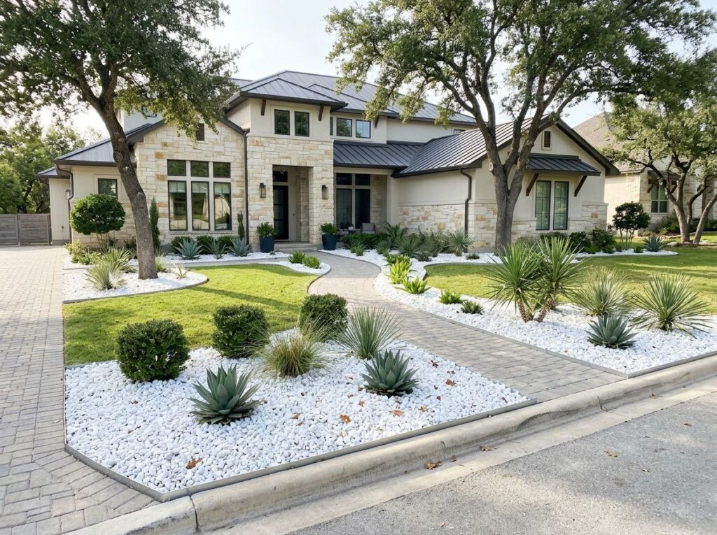 White Quartz Marble ground cover stones in a landscaped bed, bright white decorative rock chips spread evenly.