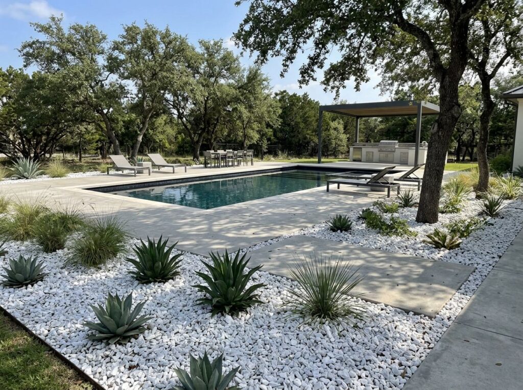 White Quartz Marble ground cover stones with subtle gray veining spread in a landscape bed.