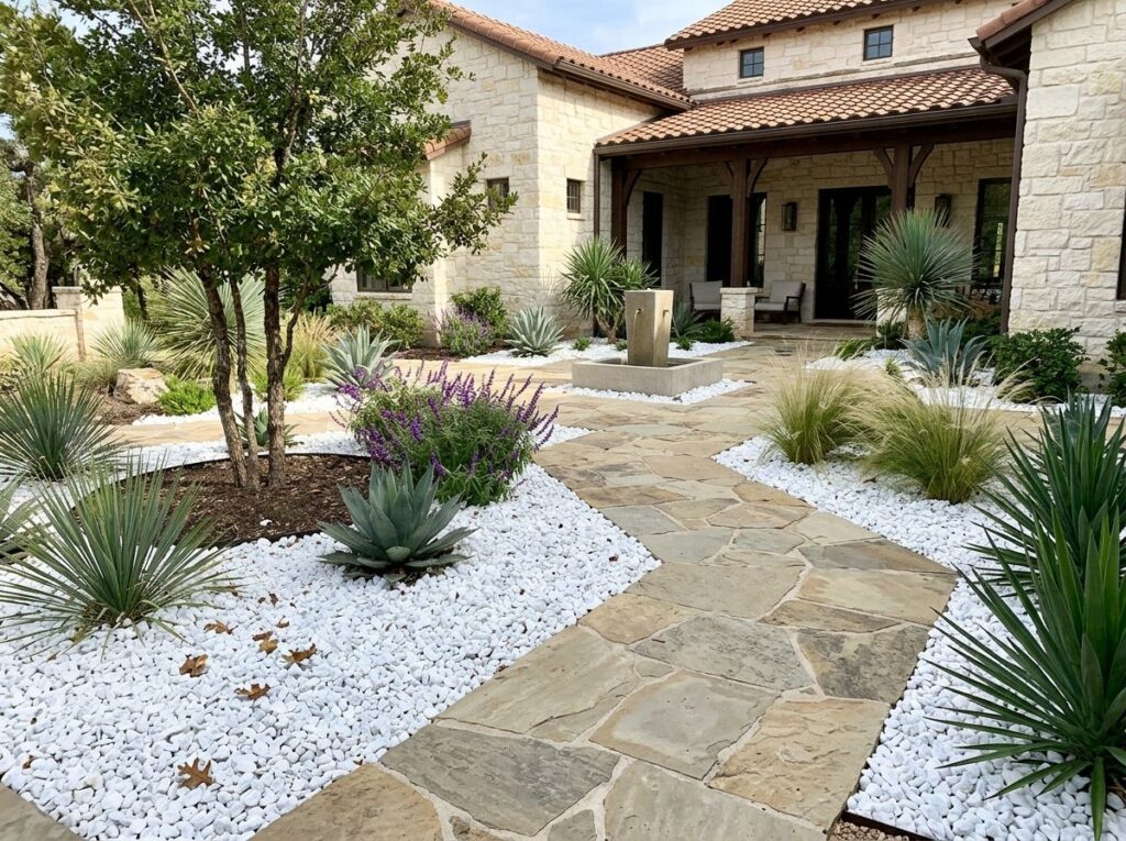 White Quartz Marble ground cover of bright white stone chips spread around landscape plants.