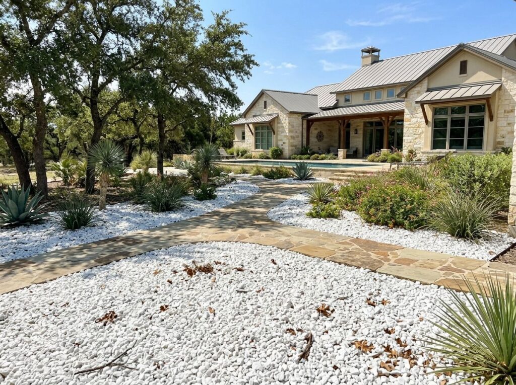 White Quartz Marble ground cover of bright white pebbles spread in a landscaped bed along edging.