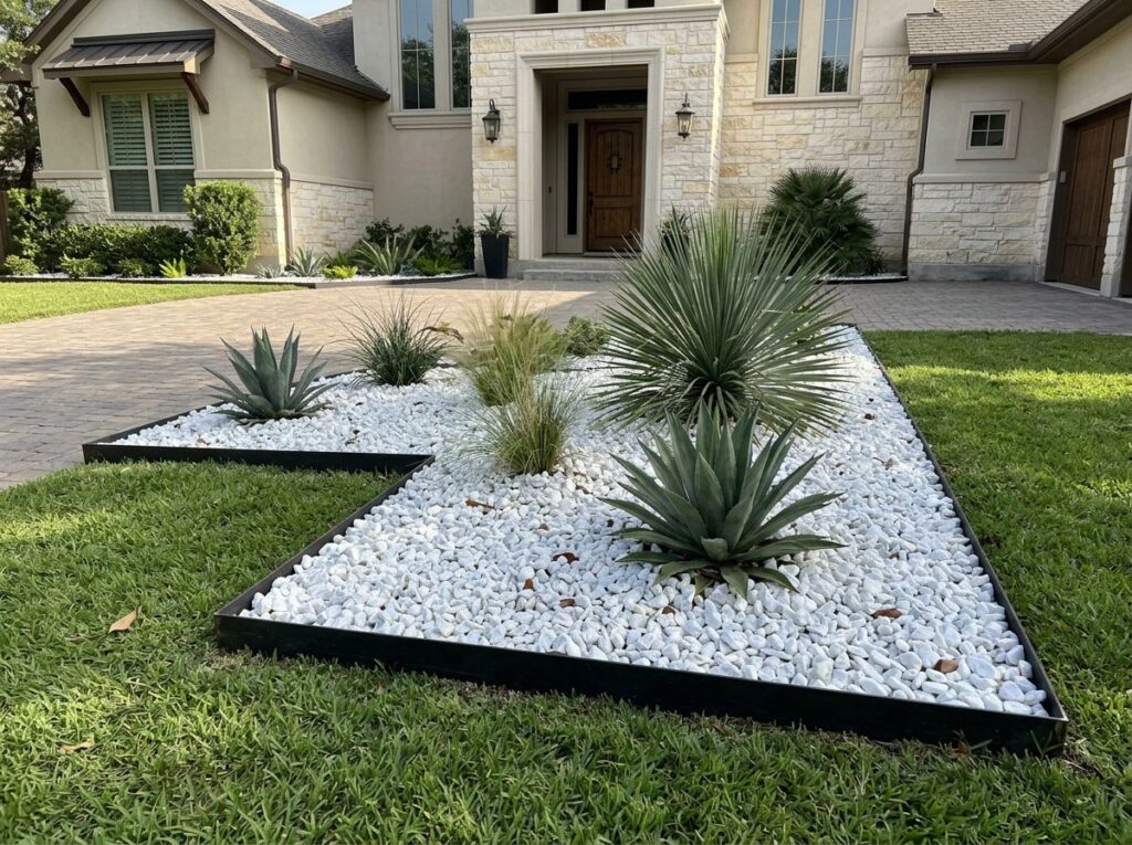 White Quartz Marble ground cover with bright white, smooth stones spread evenly in a landscaped bed.