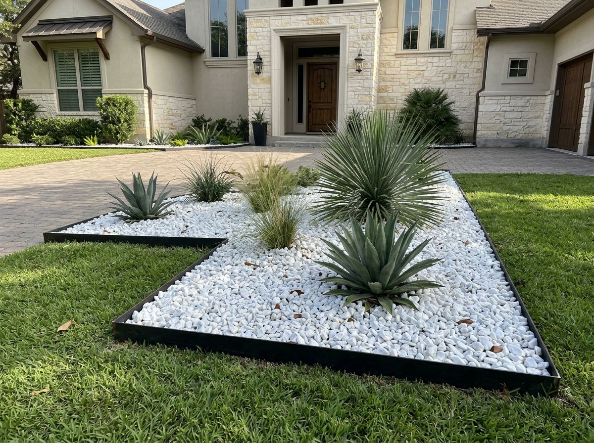 White Quartz Marble ground cover with bright white, smooth stones spread evenly in a landscaped bed.