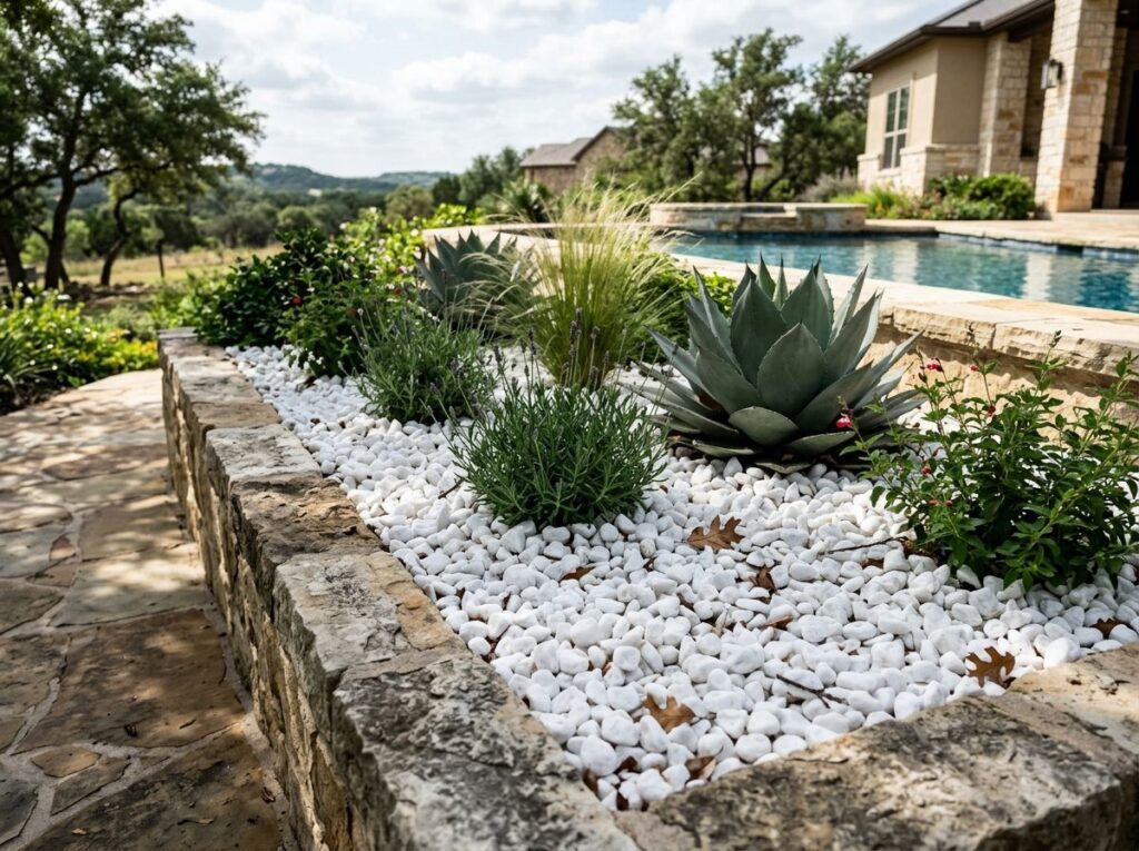White Quartz Marble ground cover stones in bright white, spread evenly for clean landscape coverage.