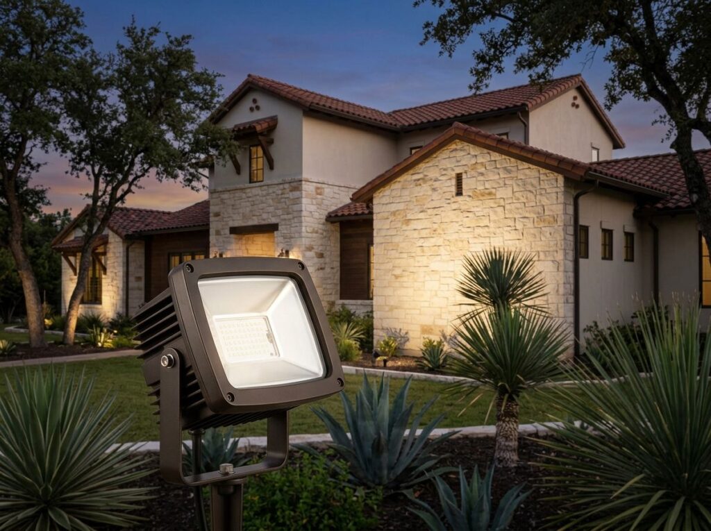 Wide Flood Light landscape lighting fixture in black finish, angled upward on a ground stake for wide beam.