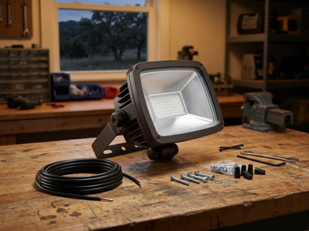 Wide Flood Light landscape lighting fixture in black finish casting a broad beam onto a wall.