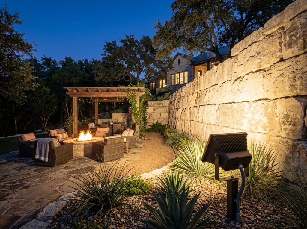 Wide Flood Light landscape lighting fixture in black metal, angled to wash a wall with a broad beam.