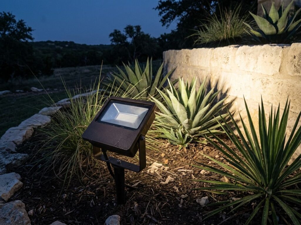 Wide Flood Light landscape lighting fixture in black finish on stake, aimed upward for broad beam.