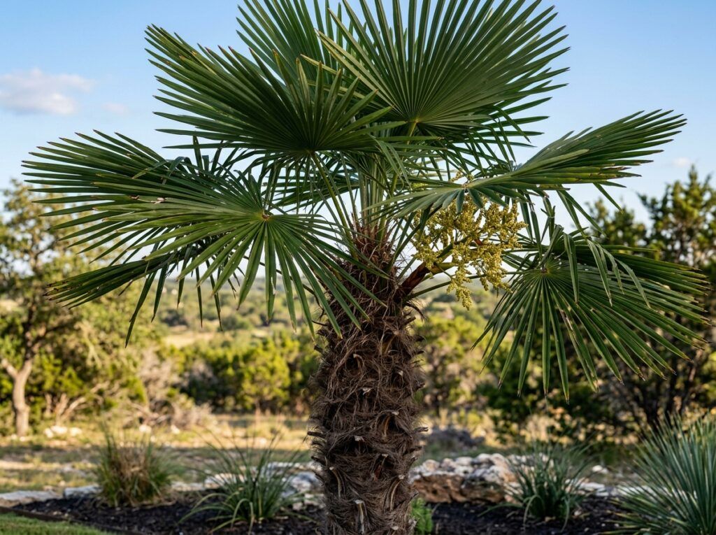 Windmill Palm palm with fan-shaped green fronds and a fibrous trunk in a nursery container.