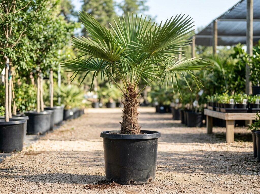 Windmill Palm palm with shaggy trunk and fan-shaped green fronds in a nursery container.