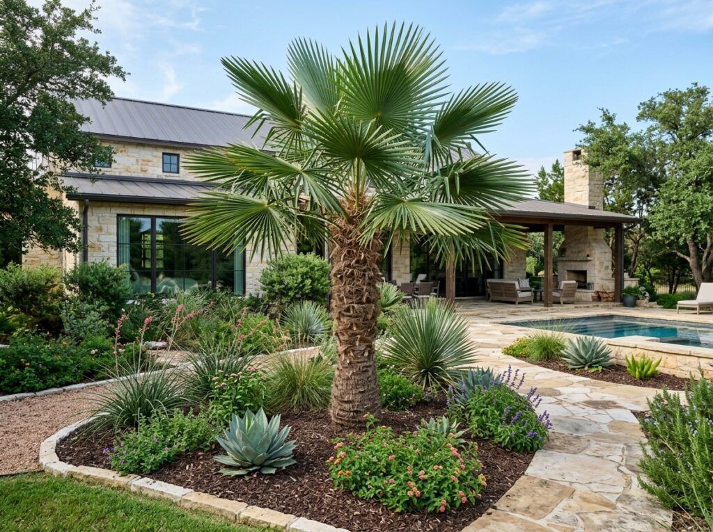 Windmill Palm palm with a slender trunk and fan-shaped green fronds growing in a nursery container.