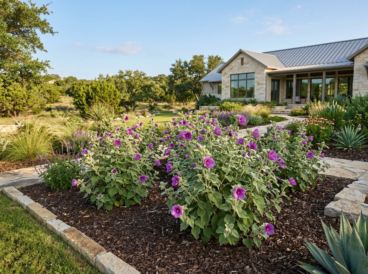 Wooly Rosemallow perennial with large pink hibiscus blooms and fuzzy green leaves in a garden setting.