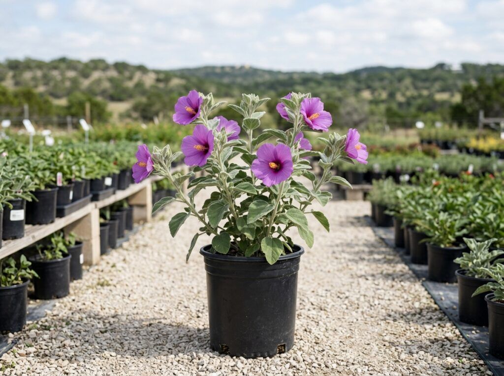 Wooly Rosemallow perennial with large pink hibiscus-like blooms and fuzzy green leaves in a container.