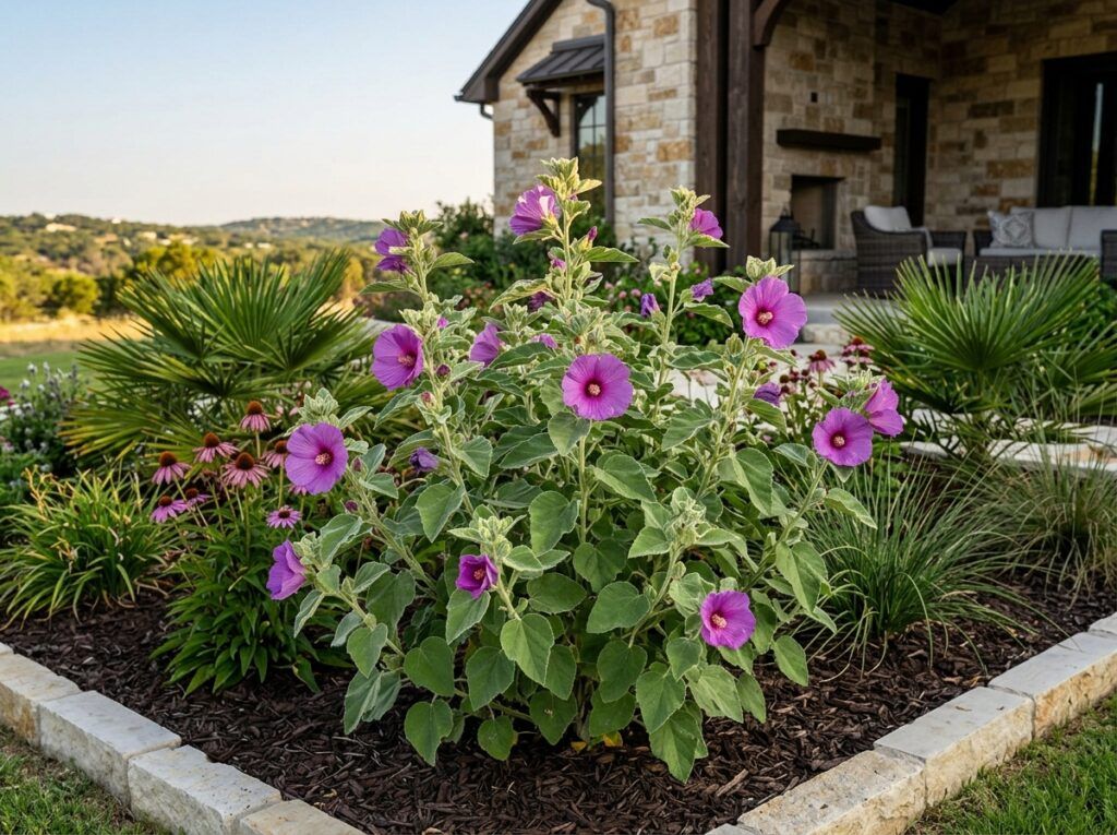 Wooly Rosemallow perennial in a nursery pot with green foliage and large pale pink hibiscus blooms.